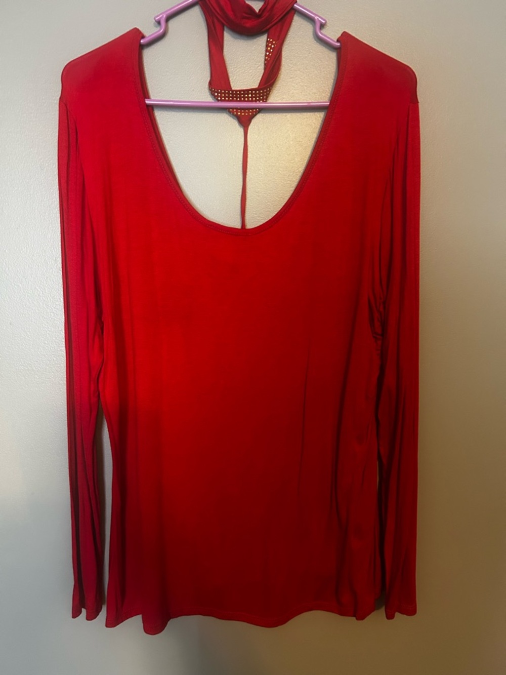 Red Long-Sleeve Women's Top with Halter Detail - Picture 2 of 3